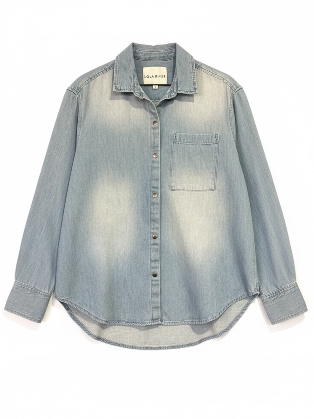 LOLA RIVER 100% Cotton Light Wash Denim Snap Button Long Sleeve Top Size Medium